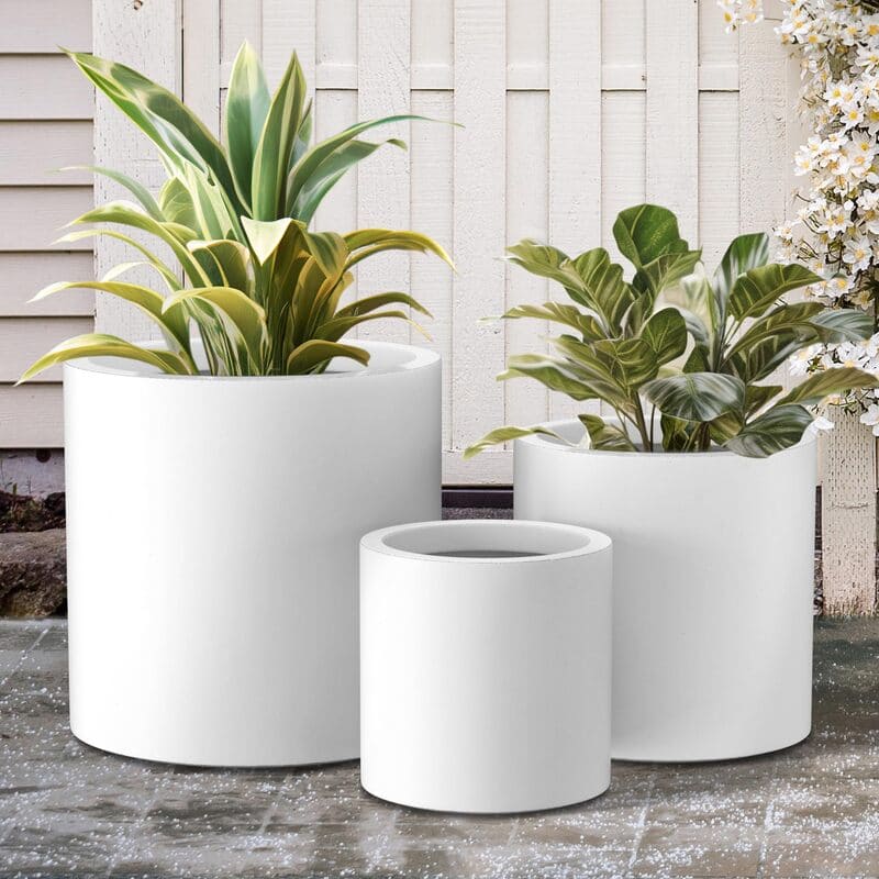 white planters with UV protection